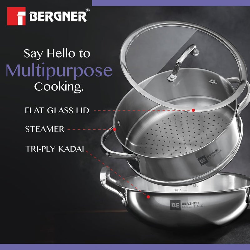 BERGNER Bergner BE Bergner Essentials Tri-Ply Stainless Steel 3 Pcs Cookware Set of 24 cm Kadai and Steamer with Flat Glass Lid, Kadhai and Steamer Set, Induction, Silver, 5-Year Warranty by Bergner - Image 4