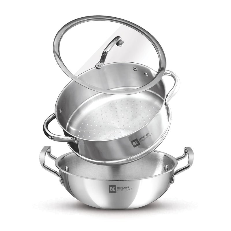 BERGNER Bergner BE Bergner Essentials Tri-Ply Stainless Steel 3 Pcs Cookware Set of 24 cm Kadai and Steamer with Flat Glass Lid, Kadhai and Steamer Set, Induction, Silver, 5-Year Warranty by Bergner - Image 1