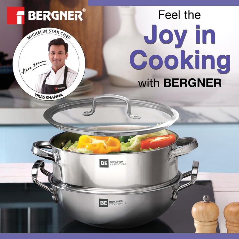 BERGNER Bergner BE Bergner Essentials Tri-Ply Stainless Steel 3 Pcs Cookware Set of 24 cm Kadai and Steamer with Flat Glass Lid, Kadhai and Steamer Set, Induction, Silver, 5-Year Warranty by Bergner - Image 3