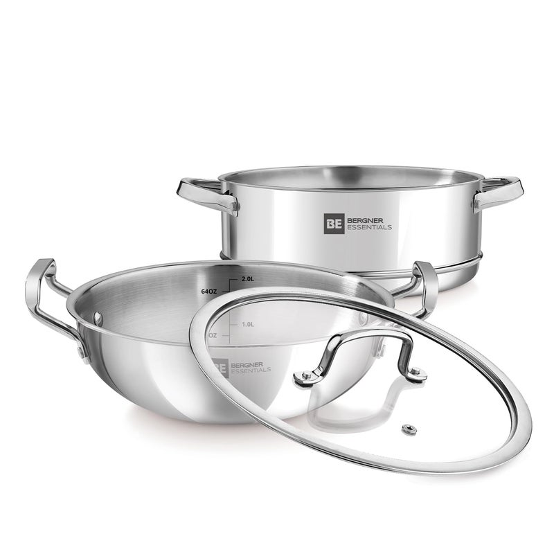BERGNER Bergner BE Bergner Essentials Tri-Ply Stainless Steel 3 Pcs Cookware Set of 24 cm Kadai and Steamer with Flat Glass Lid, Kadhai and Steamer Set, Induction, Silver, 5-Year Warranty by Bergner - Image 2