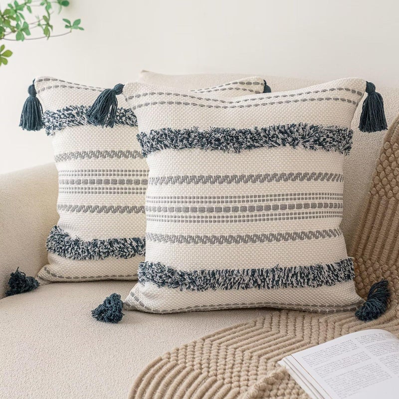 BUIOVBEY Boho Throw Pillow Covers 20x20 Set of 2 Woven Tufted Farmhouse Pillows Cover with Tassels Textured Striped Cushion Case Neutral Pillow Cases Decorative Pillowcase for Sofa  Bed  Dark Blue - Image 1