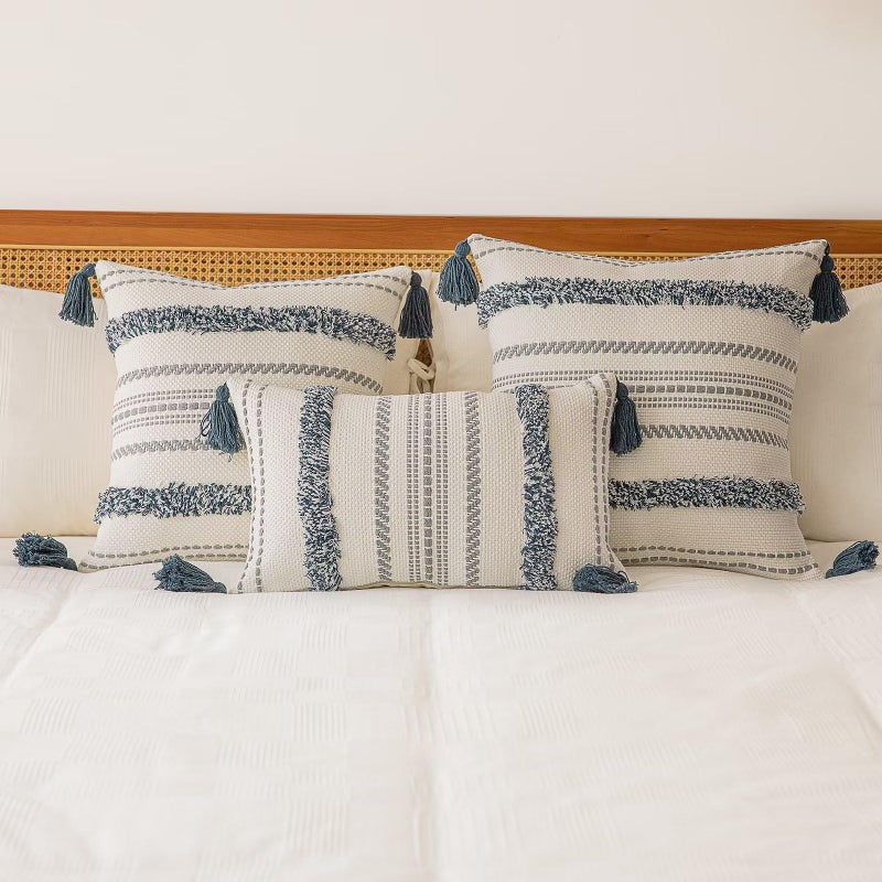 BUIOVBEY Boho Throw Pillow Covers 20x20 Set of 2 Woven Tufted Farmhouse Pillows Cover with Tassels Textured Striped Cushion Case Neutral Pillow Cases Decorative Pillowcase for Sofa  Bed  Dark Blue - Image 5