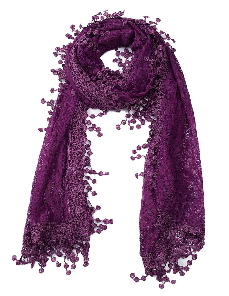 Tan's Women's lightweight Feminine Lace teardrop fringe Vintage Mesh Crochet Tassel Scarf for Women (American Purple with Fringes) - Image 5