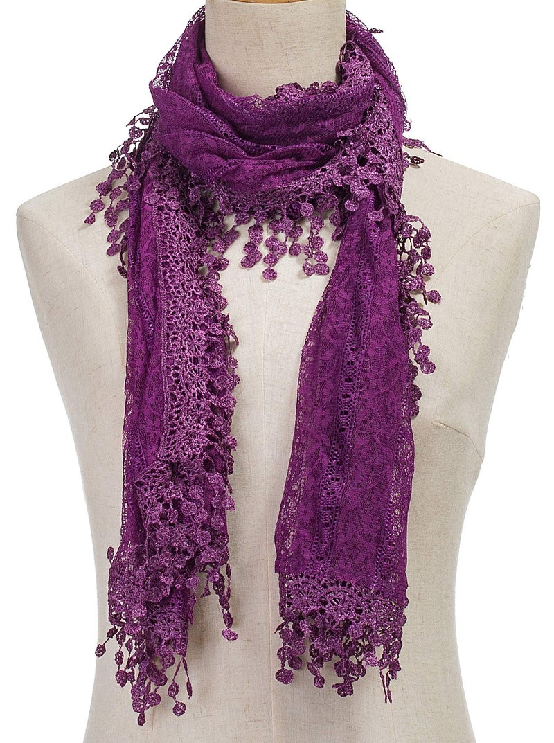 Tan's Women's lightweight Feminine Lace teardrop fringe Vintage Mesh Crochet Tassel Scarf for Women (American Purple with Fringes) - Image 2