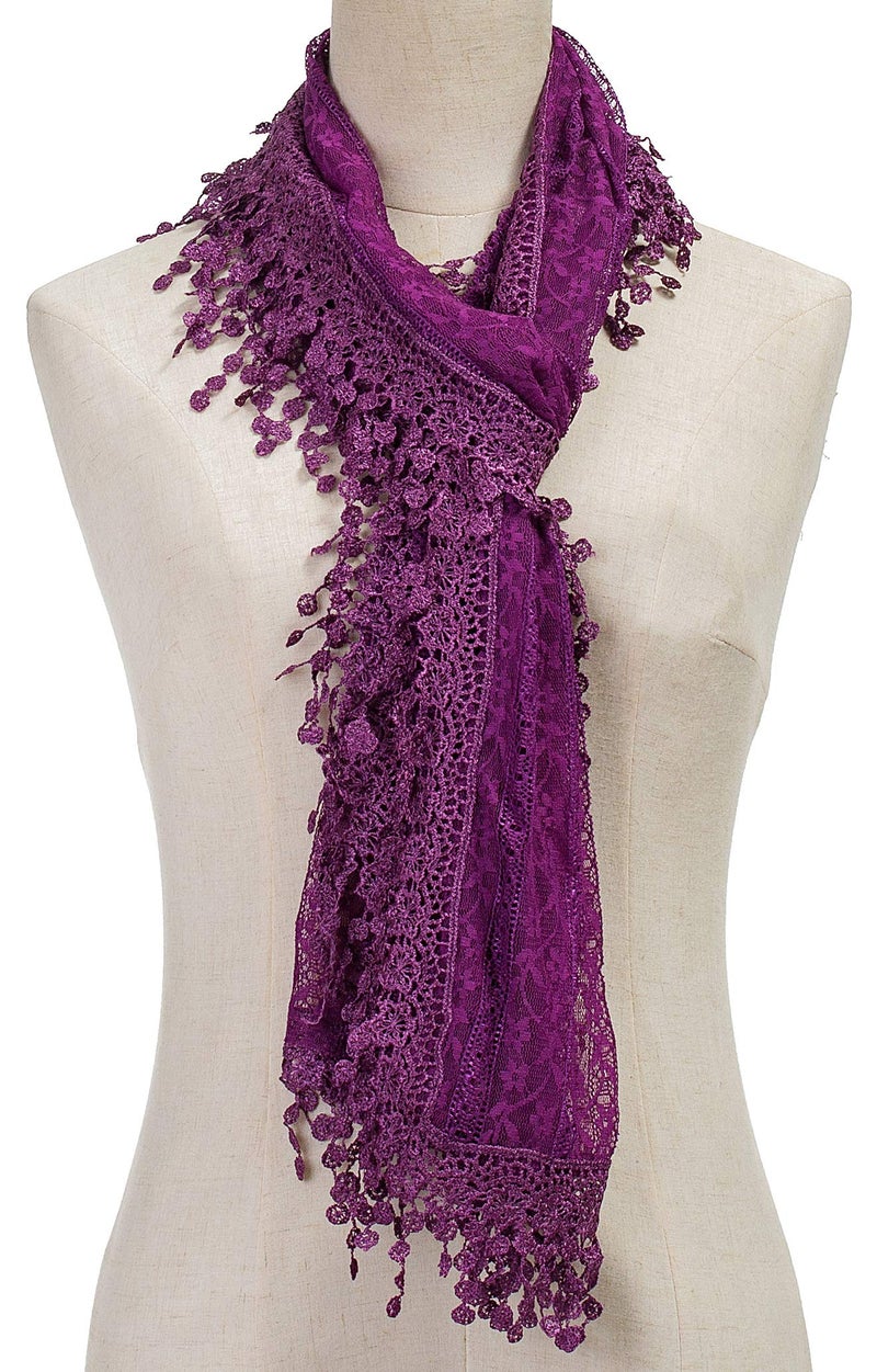 Tan's Women's lightweight Feminine Lace teardrop fringe Vintage Mesh Crochet Tassel Scarf for Women (American Purple with Fringes) - Image 3