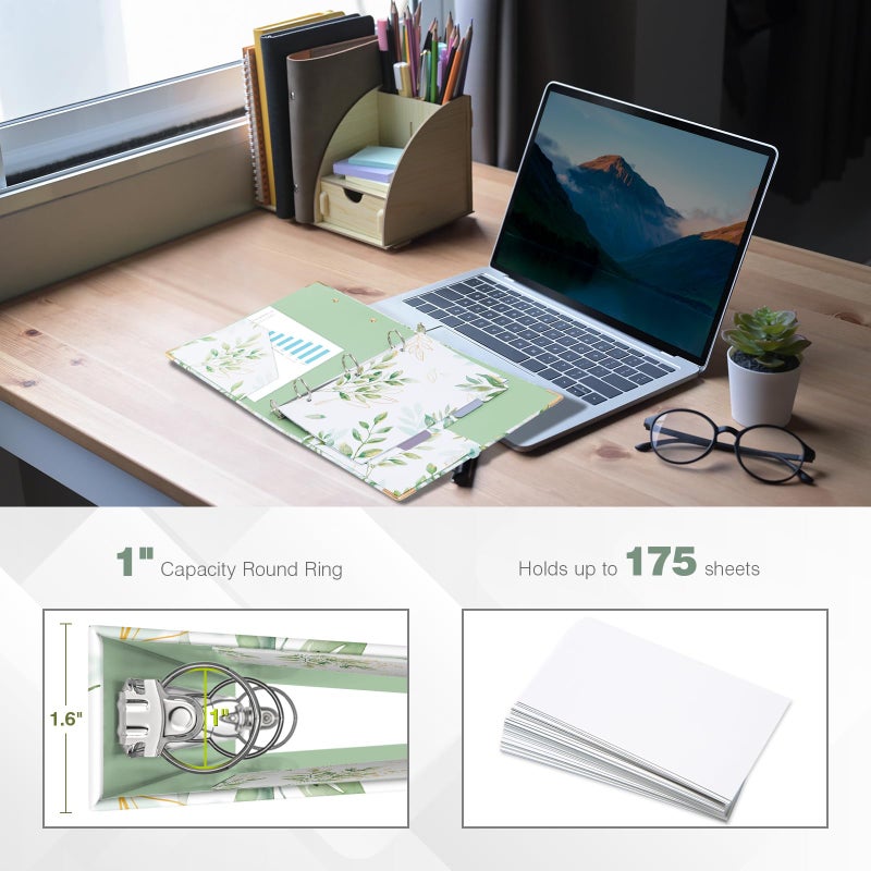 Ospelelf Mini Binder 3 Ring 1 Inch, Green Floral Round Ring Clipboard Binder with 5 Tab Dividers, for School and Office Supplies, Greenleaf - Image 2