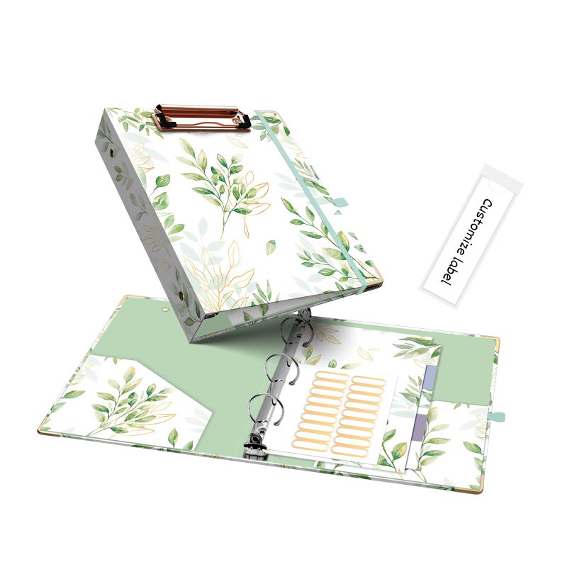 Ospelelf Mini Binder 3 Ring 1 Inch, Green Floral Round Ring Clipboard Binder with 5 Tab Dividers, for School and Office Supplies, Greenleaf - Image 1