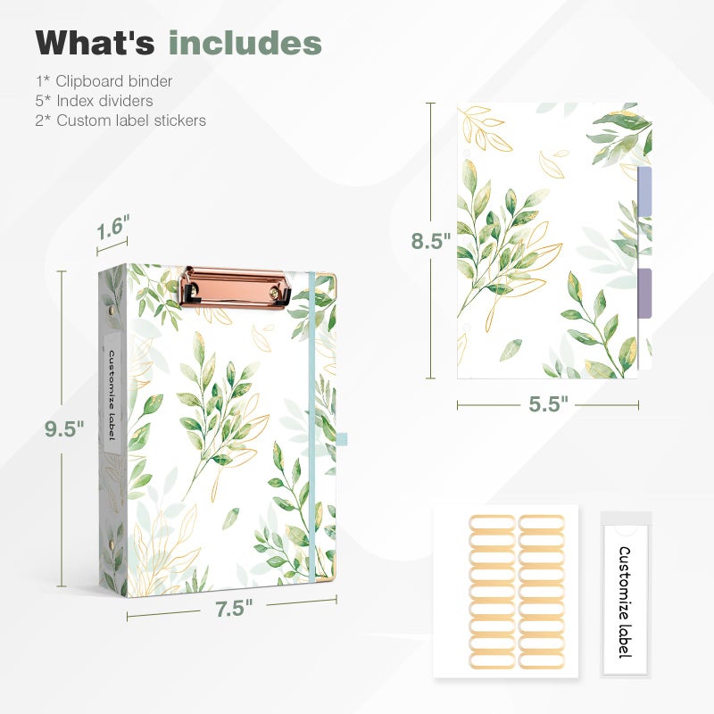 Ospelelf Mini Binder 3 Ring 1 Inch, Green Floral Round Ring Clipboard Binder with 5 Tab Dividers, for School and Office Supplies, Greenleaf - Image 3