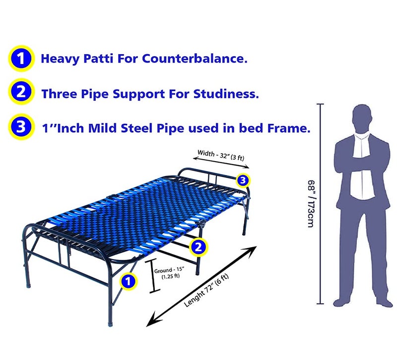 LUSTER Multipurpose Portable Single Folding Bed Space Saving Heavy Duty Foldable Bed Frame For Sleeping Bed Sturdy Metal Bed Frame Modern Design 3X6 Feet Blue Synthetic Niwar Strip Painted - Image 2