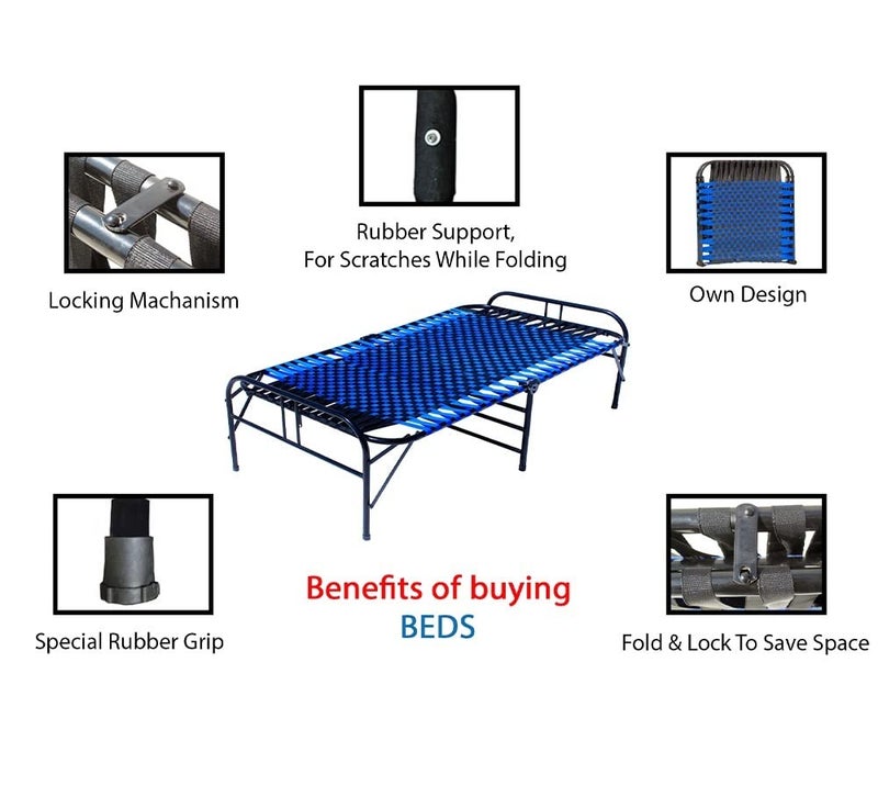 LUSTER Multipurpose Portable Single Folding Bed Space Saving Heavy Duty Foldable Bed Frame For Sleeping Bed Sturdy Metal Bed Frame Modern Design 3X6 Feet Blue Synthetic Niwar Strip Painted - Image 3