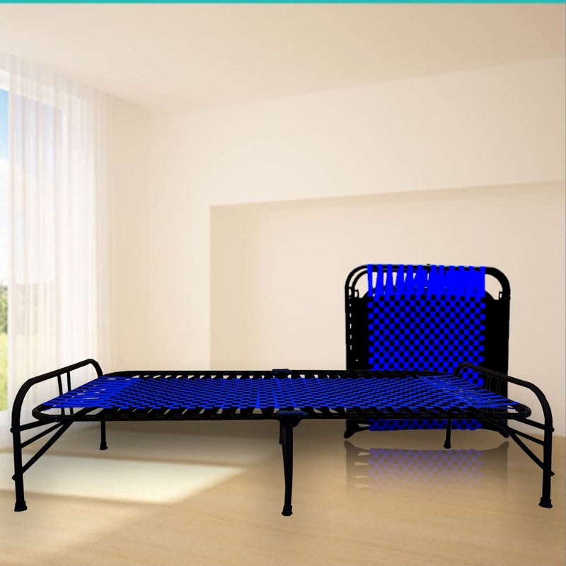 LUSTER Multipurpose Portable Single Folding Bed Space Saving Heavy Duty Foldable Bed Frame For Sleeping Bed Sturdy Metal Bed Frame Modern Design 3X6 Feet Blue Synthetic Niwar Strip Painted - Image 1