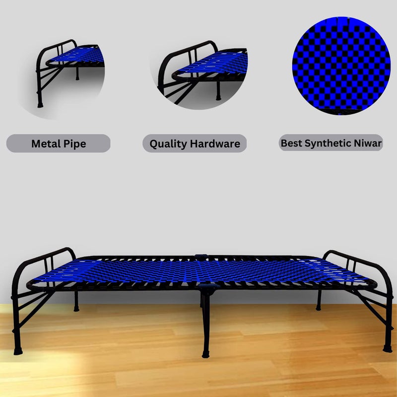 LUSTER Multipurpose Portable Single Folding Bed Space Saving Heavy Duty Foldable Bed Frame For Sleeping Bed Sturdy Metal Bed Frame Modern Design 3X6 Feet Blue Synthetic Niwar Strip Painted - Image 4