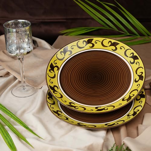 Caffeine Ceramic Handmade Stroneware Brown & Yellow Leaf Quarter Plate 7” (Set of 2 Dishwasher & Microwave Safe) - Image 2