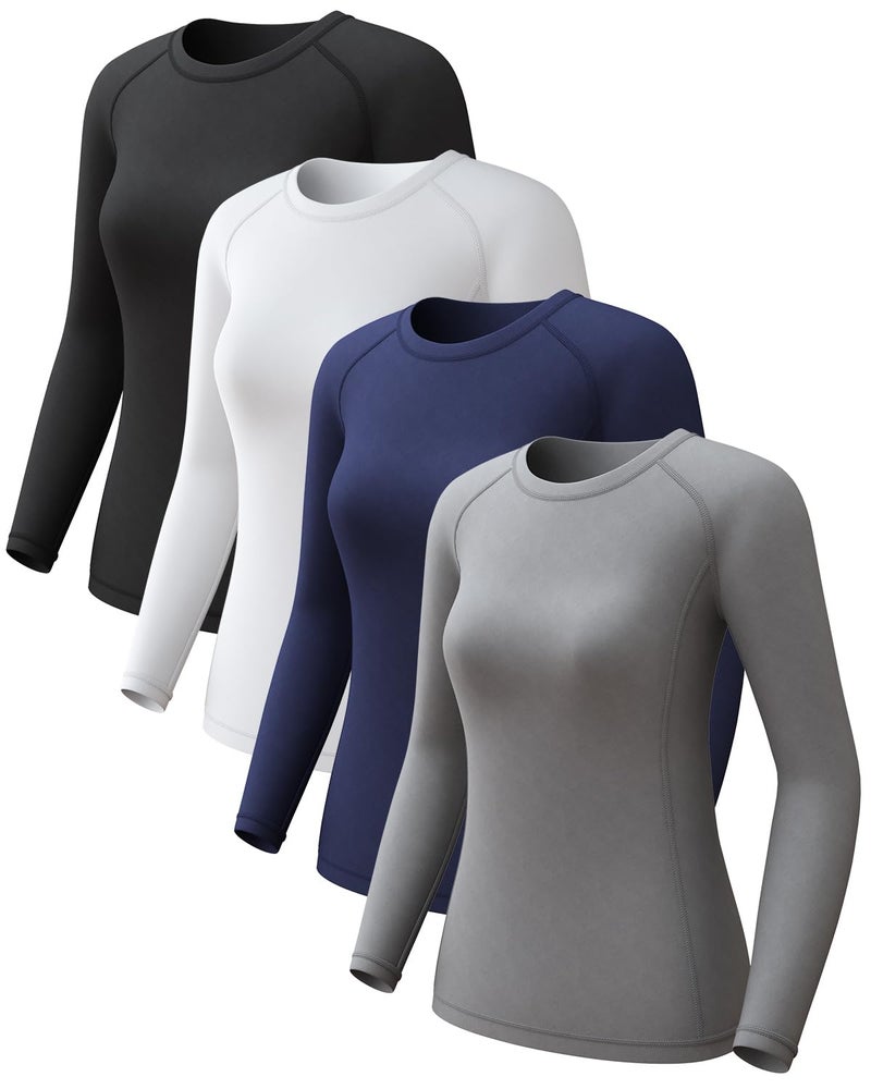 CL convallaria 4 Pack Women's Long Sleeve Compression Shirts, Cool Dry Workout Athletic Tops Sun Protection Cooling Shirts for Yoga Running Hiking Gym Black/White/Grey/Blue Large - Image 1