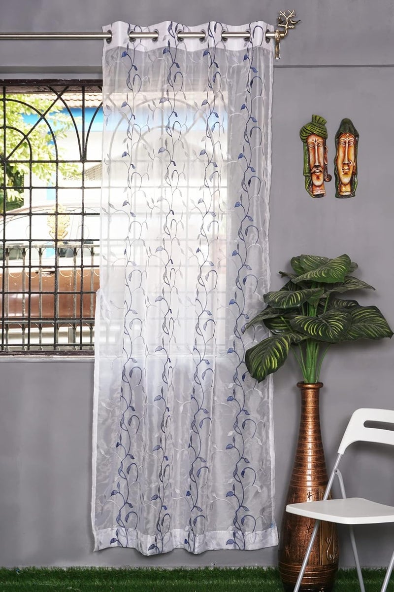 Parda Online Sheer Tissue Eyelet Leaf Design Blue Door Curtain for Home 7Ft Pack of 2 - Image 2
