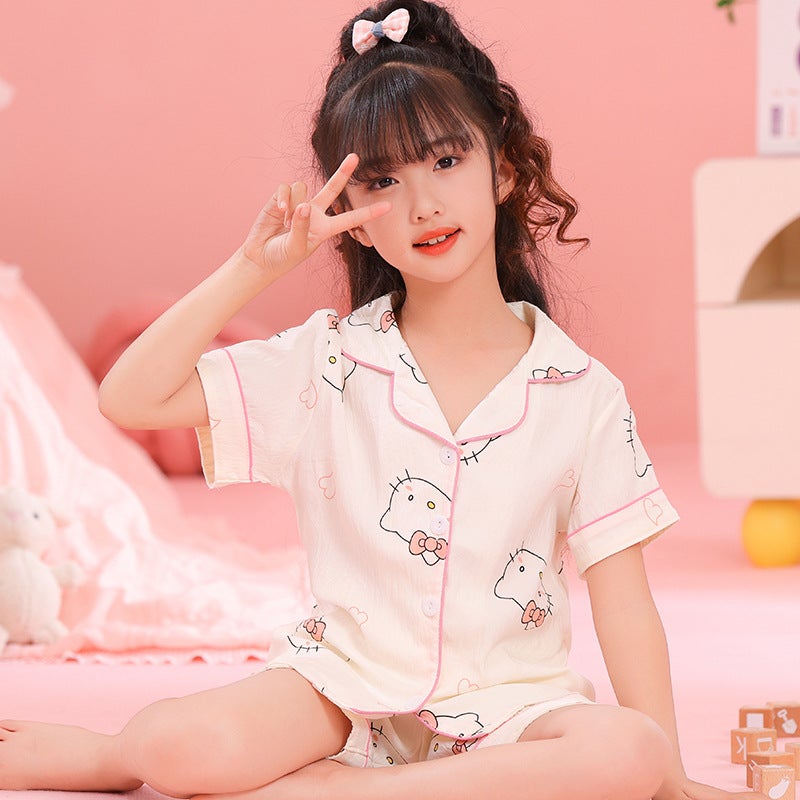 Cloud Cotton Children'S Pajamas Short-Sleeved Summer Thin Lapel Suit Girl'S Little Girl'S Middle And Big Baby'S Home Clothes - Image 5