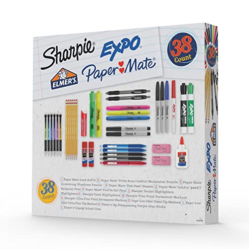 Sharpie School Supplies Kit Highlighters Mechanical Pencils Glue Sticks Erasers Permanent Markers Gel Pens Pencils School Glue and more from Sharpie Elmer’s Paper Mate & Expo 38 pieces - Image 1