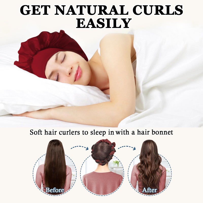 Gwabee No Heat Overnight Hair Curlers - 70" Soft Ribbon Curl Wrap with 9 Curling Rods, Headband for Long Hair Rollers - Burgundy - Image 2