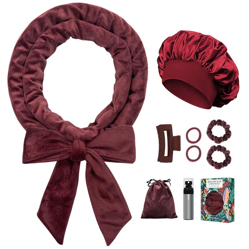 Gwabee No Heat Overnight Hair Curlers - 70" Soft Ribbon Curl Wrap with 9 Curling Rods, Headband for Long Hair Rollers - Burgundy - Image 1