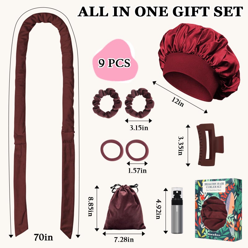 Gwabee No Heat Overnight Hair Curlers - 70" Soft Ribbon Curl Wrap with 9 Curling Rods, Headband for Long Hair Rollers - Burgundy - Image 5