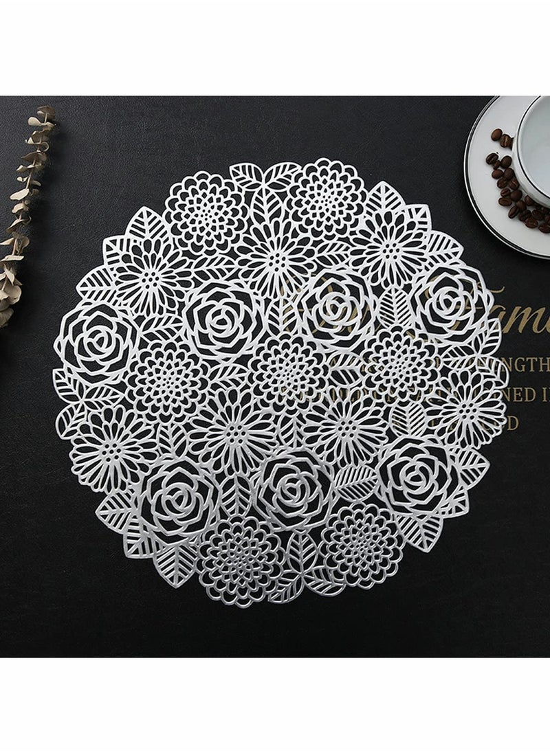 SYOSI - Round Silver Placemats Set of 6 Elegant Fancy Charger for Dining Table Holiday Wedding Decorative Placemats Charger Table Setting Place Mats Kitchen Table Mats Round Vinyl Placemats for Table - Image 1