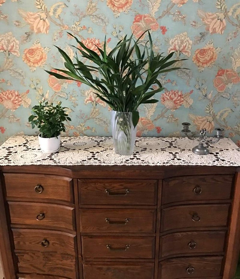 USTIDE Rustic Floral Table Runner Hand Crochet Table Doily Beige Cotton Lace Table Decoration for Coffee Table 15""X59"" - Image 3