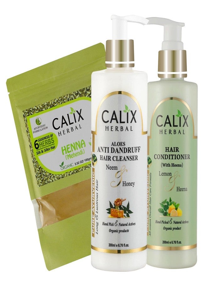 كلاليكس هيربال شامبو كاليكس هيربال العضوي والأيورفيدي بخلاصة الصبار المضاد للقشرة 200 مل + حناء مهندي 100 جم + بلسم للشعر (مع الحناء) 200 مل - مجموعة متكاملة للعناية بالشعر للرجال والنساء وجميع أنواع الشعر - Image 1