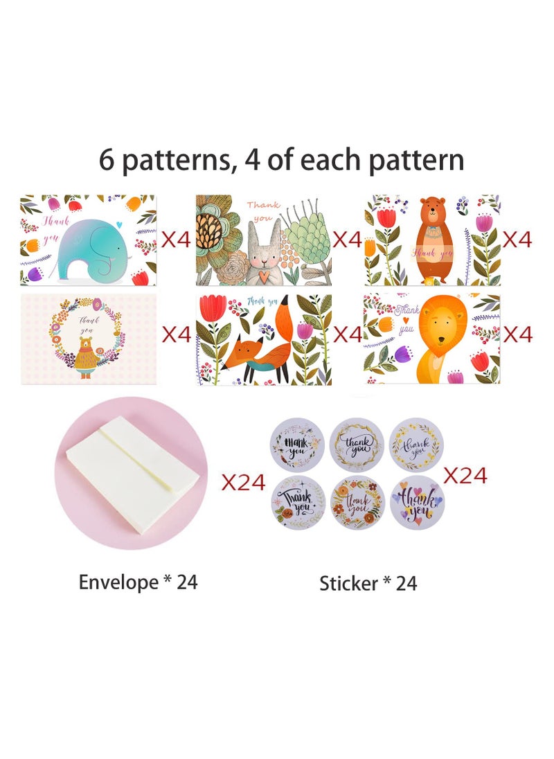Generic - 24 Pack Thank You Cards with envelopes and Stickers Lovely Animals Themed Design Each Greeting Cards Blank Inside Invitation Cards for Kids Baby Shower Congratulations Party Business Festival - Image 1