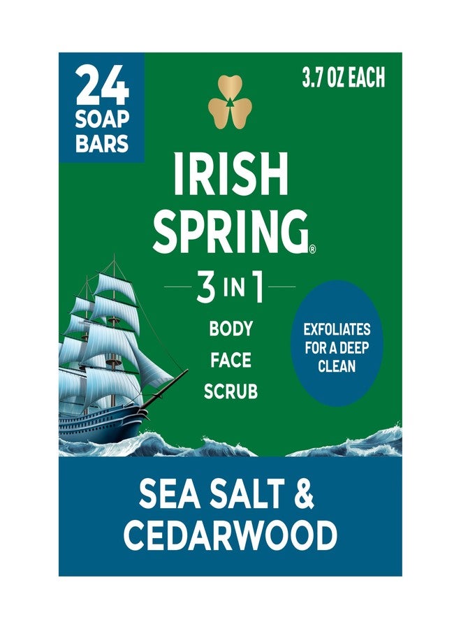 Irish Spring 3-in-1 Men’s Bar Soap Sea Salt & Cedarwood, Exfoliating Deep Clean Body Soap Bar and Face Cleanser, 3.7 oz Soap Bars, 24 Pack - Image 1