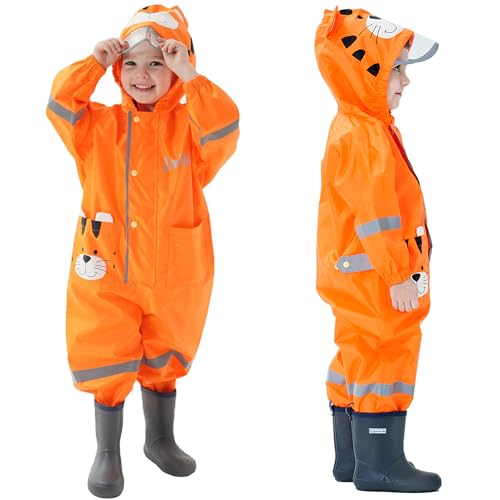 Fewlby Kids Toddler Rain Suit for boys girls One Piece Hoodie Zipper Cute Cartoon Tiger Waterproof Rain Jacket 810 years XXL Size - Image 1
