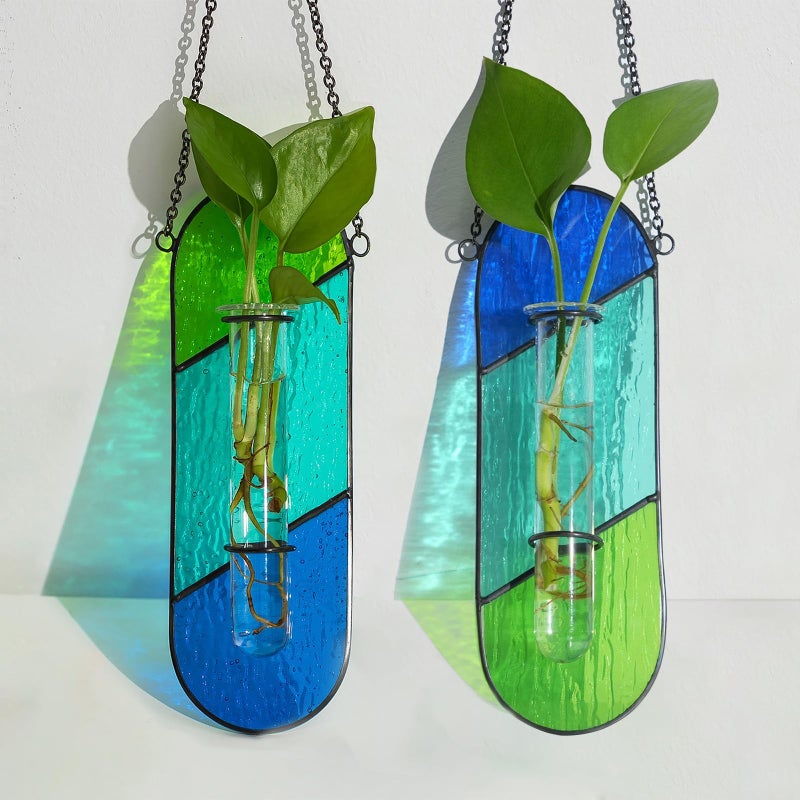 Hewory Stained Glass Plant Propagation Hanging 2 Pcs Propagation Station Planters for Window Decor - Unique Hydroponic Propagated Plant Holders for Kitchen Gifts for Mom - Image 1