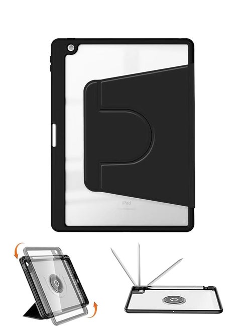 Rotating Case for iPad 7/8/9 (10.2-Inch, 2019/2020/2021 Model, 7/8/9th Generation)with Clear Transparent Back Shell with Pencil Holder, Auto Sleep/Wake Cover Black