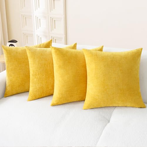 CaliTime Throw Pillow Covers Decorative 18 X 18 Inches Pack of 4 Cozy Chenille Cushion Cases for Couch Sofa Bed Living Room Home Mustard Yellow - Image 1