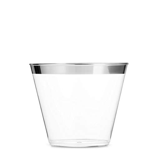 Munfix 100 9 Oz Clear Plastic Cups Old Fashioned Tumblers Fancy Disposable Wedding Cups Elegant Party Cups with Silver Rim