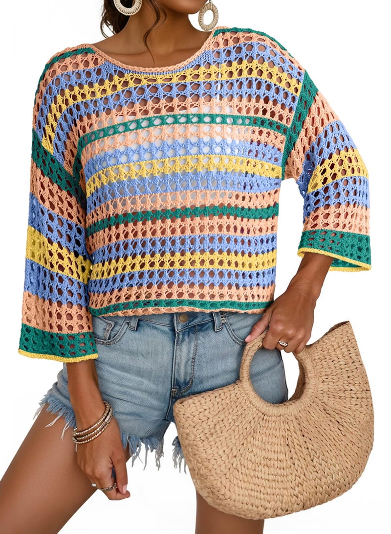 Dokotoo Womens Spring Summer Boho Vacation Outfits 3/4 Sleeve Crochet Knit Sweater Hollow Out Color Block Striped Tops Side Slits Crewneck Casual Oversized Beach Cover Ups for Women Yellow Large - Image 1