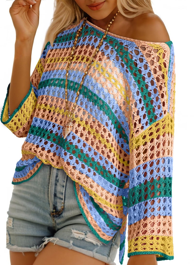 Dokotoo Womens Spring Summer Boho Vacation Outfits 3/4 Sleeve Crochet Knit Sweater Hollow Out Color Block Striped Tops Side Slits Crewneck Casual Oversized Beach Cover Ups for Women Yellow Large - Image 2