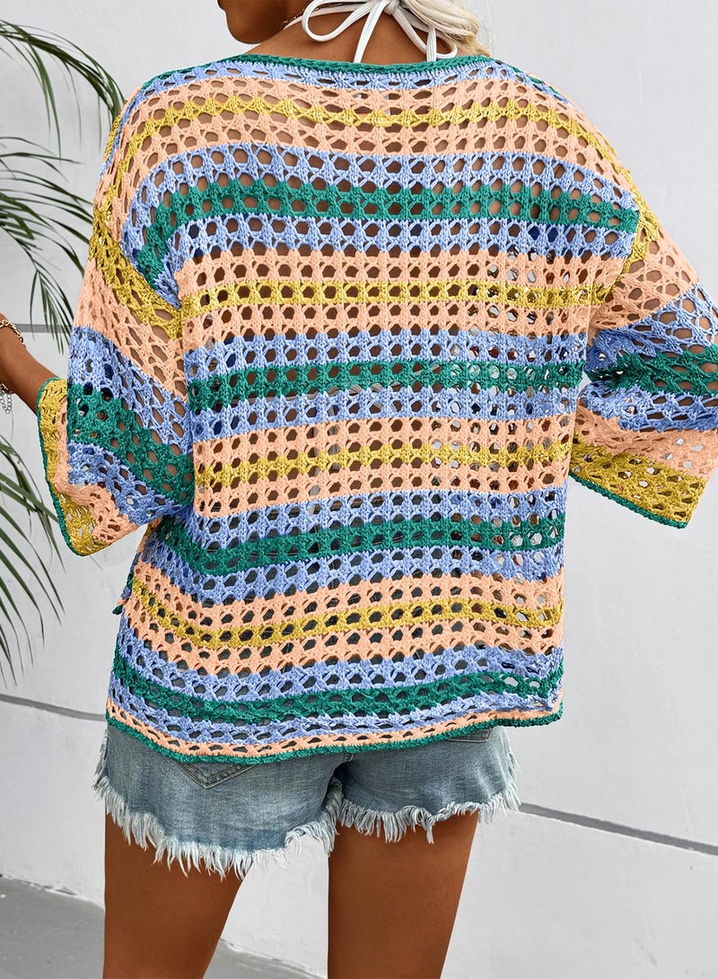 Dokotoo Womens Spring Summer Boho Vacation Outfits 3/4 Sleeve Crochet Knit Sweater Hollow Out Color Block Striped Tops Side Slits Crewneck Casual Oversized Beach Cover Ups for Women Yellow Large - Image 4