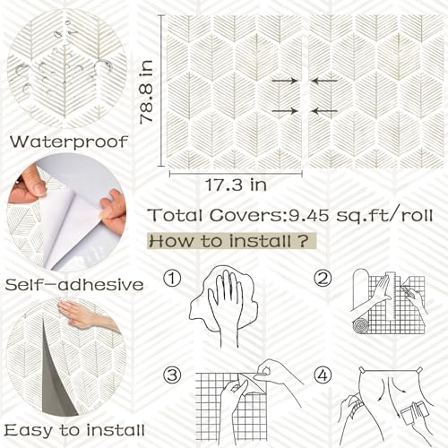 OSECAGE Modern Peel and Stick Wallpaper 17.3''×78.8'' Self Adhesive Wallpaper Boho Contact Paper Beige and White Geometric Wall Paper Removable Decorative Wallpapers for Bedroom Bathroom Cabinets Decor Vinyl - Image 3