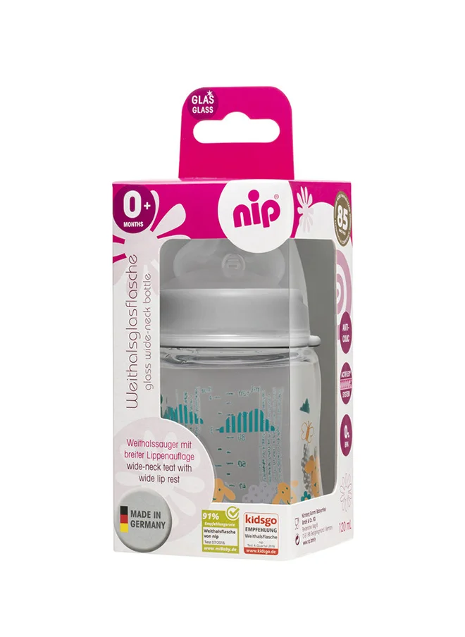nip Wide Neck Round Teat-M Glass Bottle 0m+, 120 ml, Grey