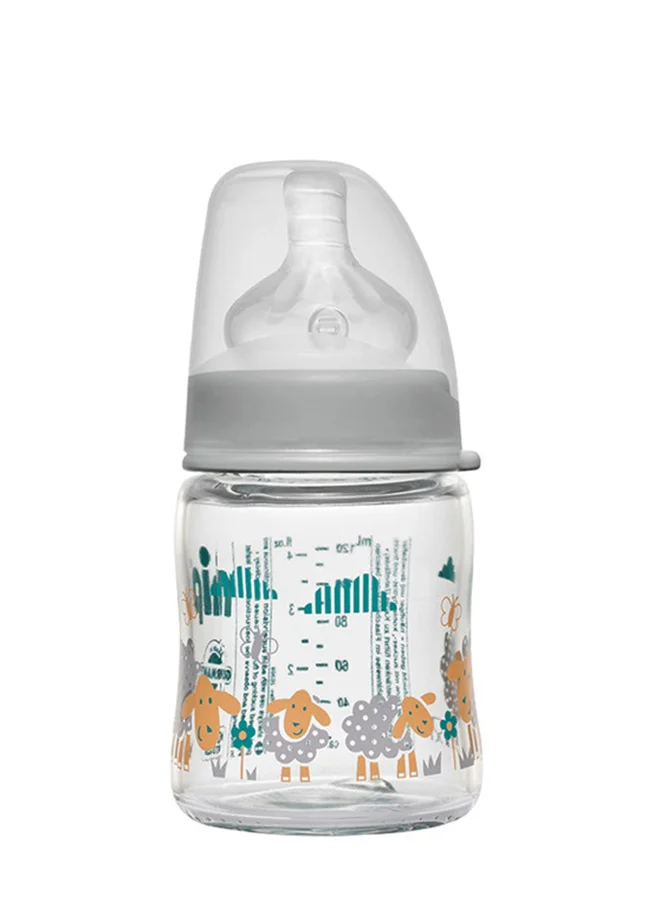 nip Wide Neck Round Teat-M Glass Bottle 0m+, 120 ml, Grey