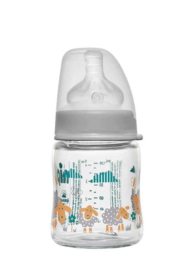 نيب Wide Neck Round Teat-M Glass Bottle 0m+, 120 ml, Grey