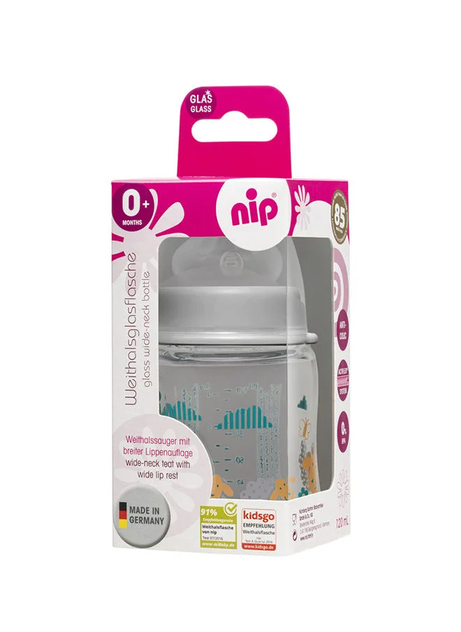 نيب Wide Neck Round Teat-M Glass Bottle 0m+, 120 ml, Grey
