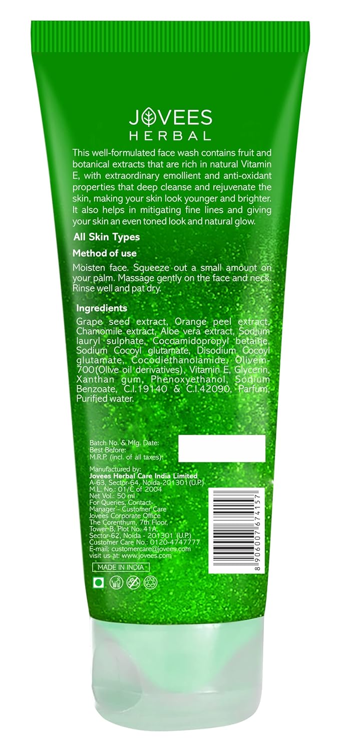 Jovees Herbal Grape Face Wash With Grape Seed  Orange Peel Extracts  For Brighter  Glowing Skin  Reduces Uneven Skin Tone  Fine Lines  For Men  Women 50 ml - Image 2