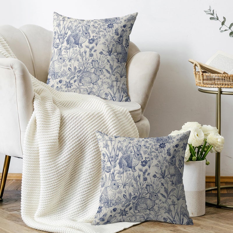 Smozenith Easter Spring Blue Pillow Covers 18X18 Set of 2, Vintage Flower Rabbit Bunny Floral Botanical Print Decorative Throw Pillow Covers Outdoor Farmhouse Seasonal Cushion Cases Couch Sofa Bed Decor - Image 3
