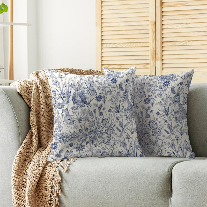 Smozenith Easter Spring Blue Pillow Covers 18X18 Set of 2, Vintage Flower Rabbit Bunny Floral Botanical Print Decorative Throw Pillow Covers Outdoor Farmhouse Seasonal Cushion Cases Couch Sofa Bed Decor - Image 2