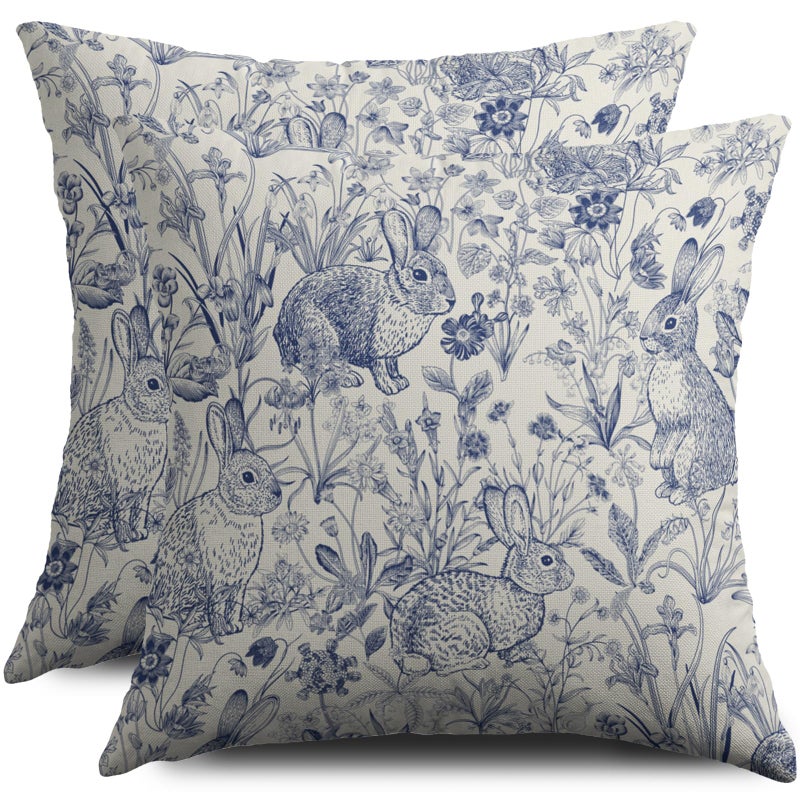 Smozenith Easter Spring Blue Pillow Covers 18X18 Set of 2, Vintage Flower Rabbit Bunny Floral Botanical Print Decorative Throw Pillow Covers Outdoor Farmhouse Seasonal Cushion Cases Couch Sofa Bed Decor - Image 1