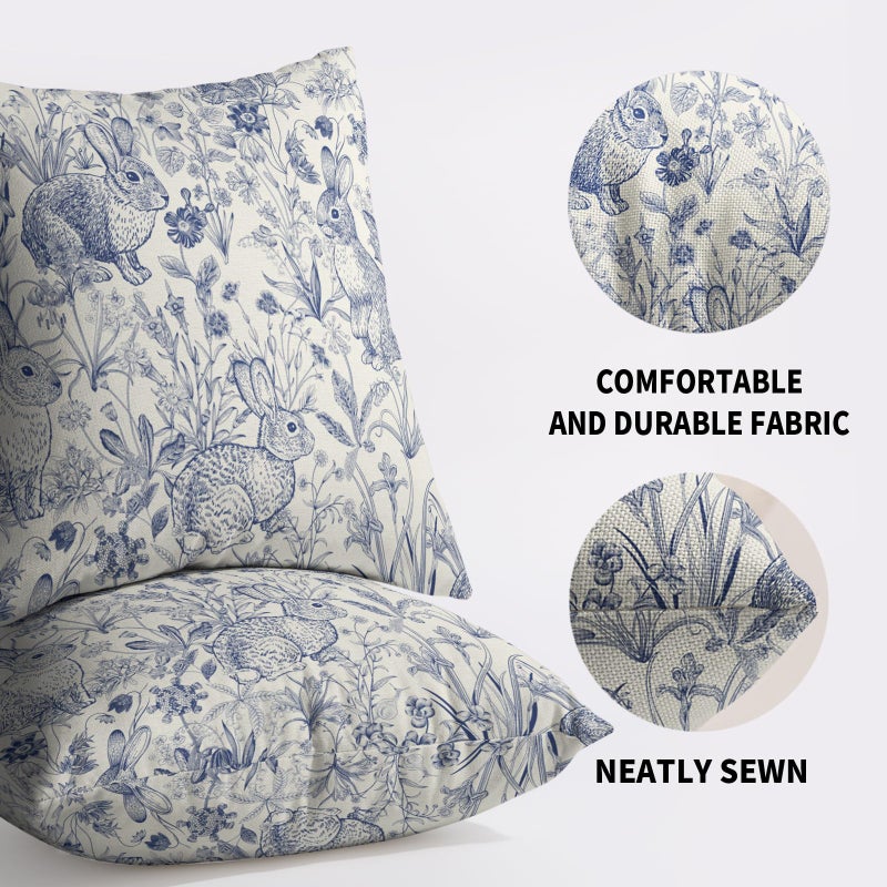 Smozenith Easter Spring Blue Pillow Covers 18X18 Set of 2, Vintage Flower Rabbit Bunny Floral Botanical Print Decorative Throw Pillow Covers Outdoor Farmhouse Seasonal Cushion Cases Couch Sofa Bed Decor - Image 5
