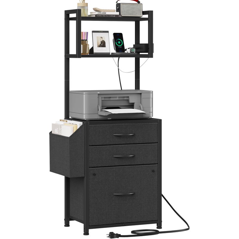 HIGDBFE Small 3 Drawer File Cabinet with Charging Station, 45''H, 3-Tier Filing Cabinet for Home Office, 11''*16'' for Small Printer, Fabric Drawer Fits Letter/A4, Tall Printer Stand, Black - Image 1
