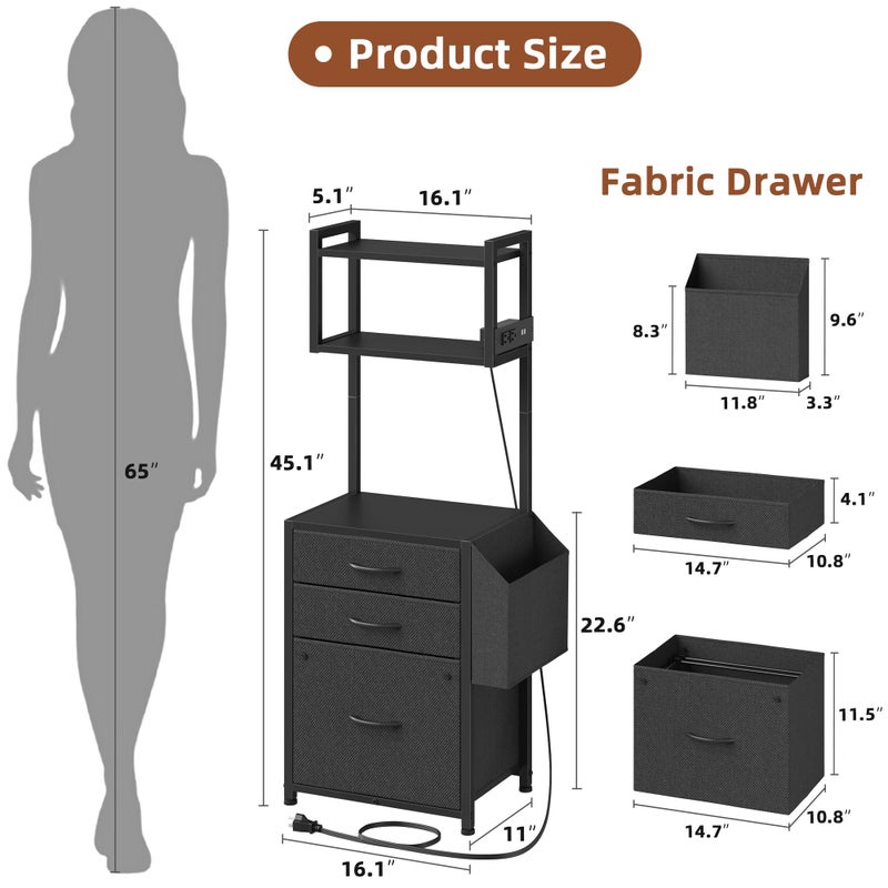 HIGDBFE Small 3 Drawer File Cabinet with Charging Station, 45''H, 3-Tier Filing Cabinet for Home Office, 11''*16'' for Small Printer, Fabric Drawer Fits Letter/A4, Tall Printer Stand, Black - Image 3