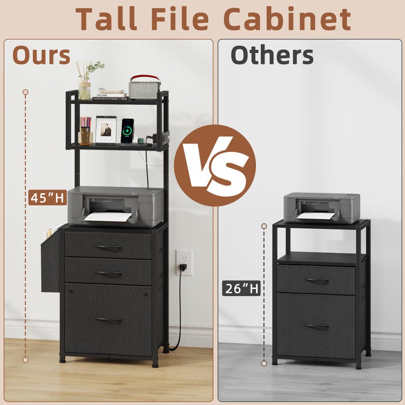 HIGDBFE Small 3 Drawer File Cabinet with Charging Station, 45''H, 3-Tier Filing Cabinet for Home Office, 11''*16'' for Small Printer, Fabric Drawer Fits Letter/A4, Tall Printer Stand, Black - Image 5